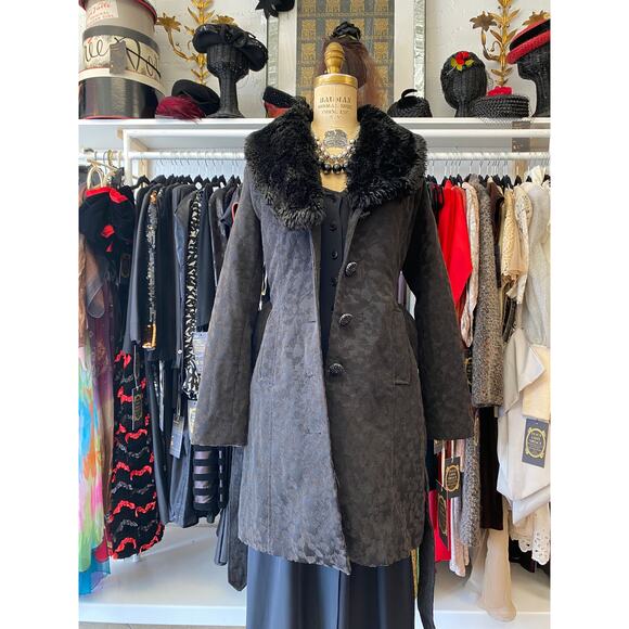 vintage y2k coat black brocade faux fur collar medium 1960s style gothic jacket - Picture 10 of 11